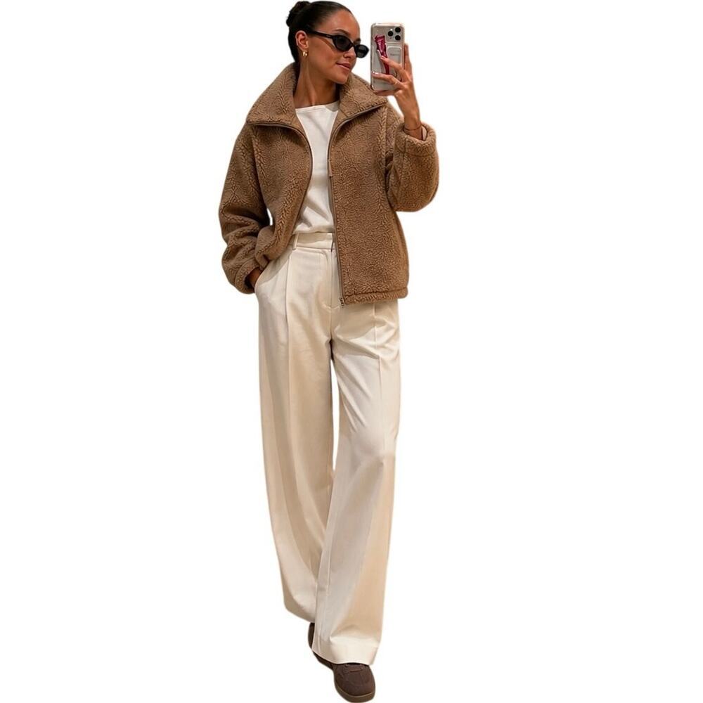 H&M Teddy Fleece Jacket Women’s XXL Brown Full Zip Sherpa Oversized Cozy - Picture 1 of 11